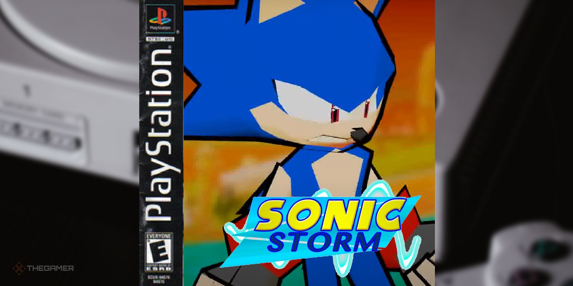 Sonic-Storm sonic looking grumpy on a ps1 game cover