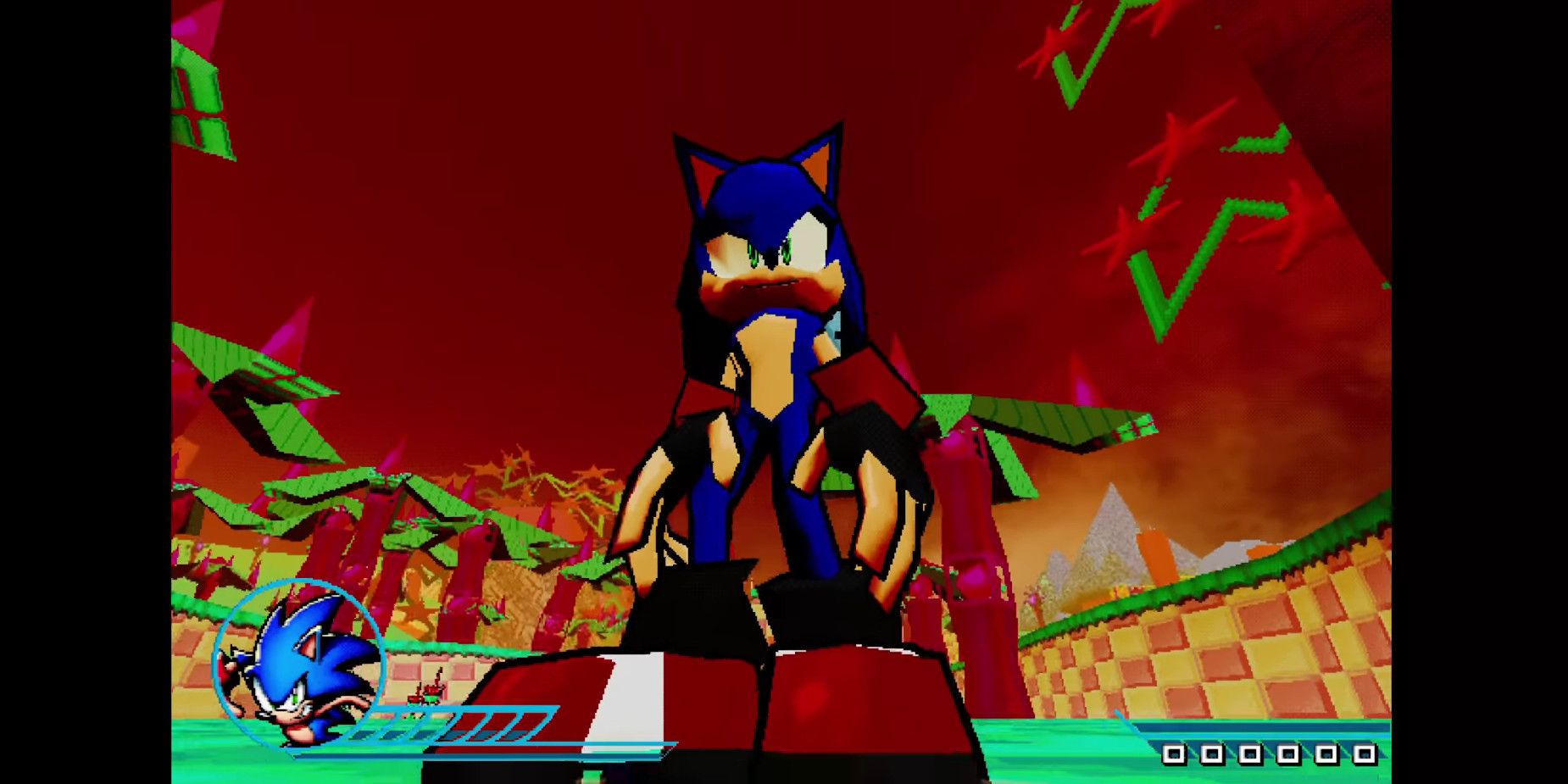 Sonic storm sonic in the tutorial level with the camera angled below him