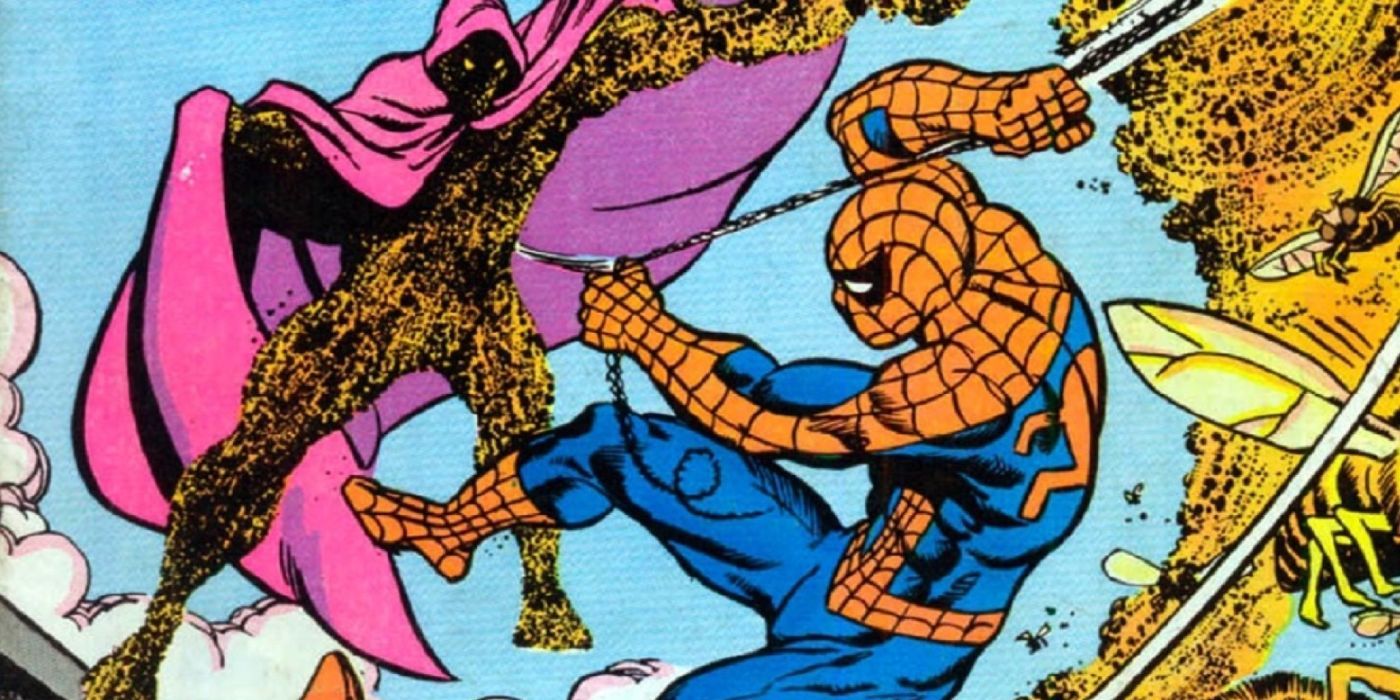 Spider-Man swings in to fight Swarm (right)