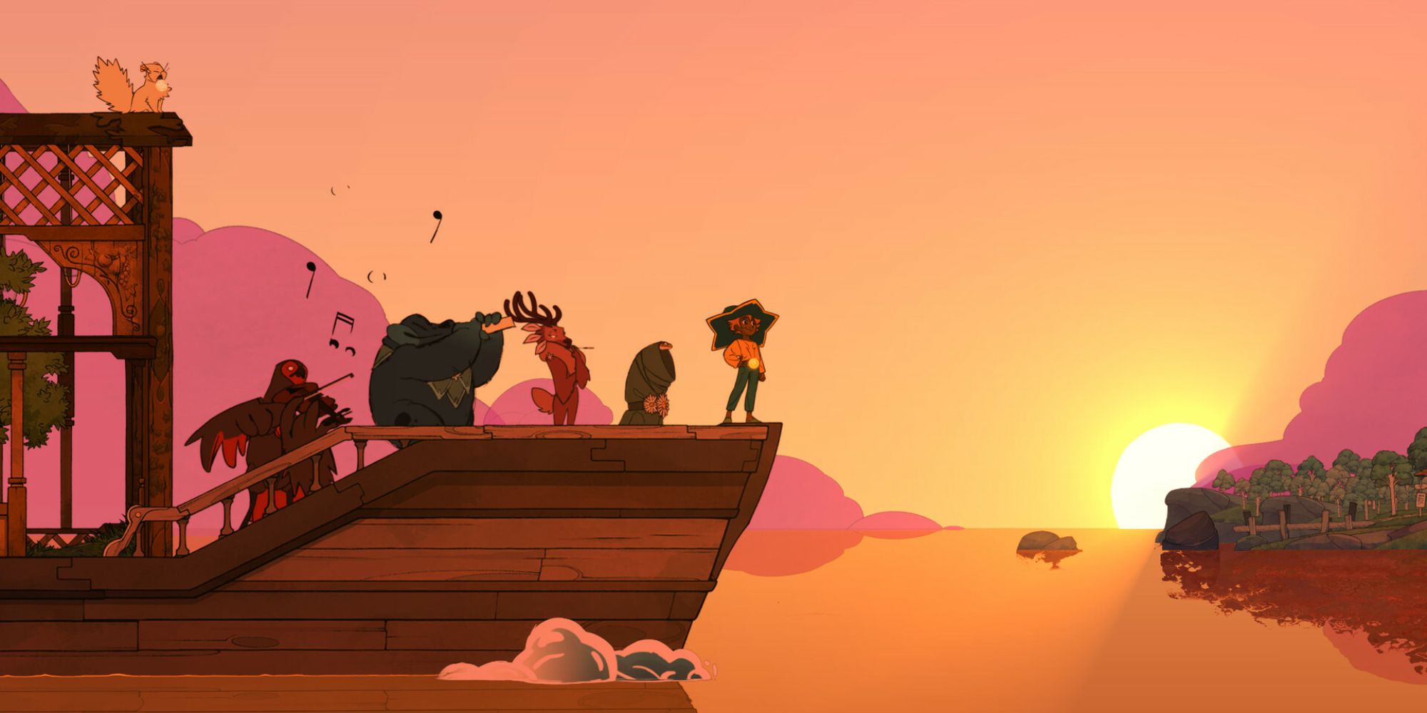 Wide shot of Stella, Atul, Summer, Gwen and Buck playing various instruments on the edge of Stella's ship while the sun sets in the distance in Spiritfarer