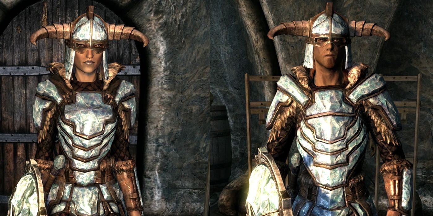 A male and female character wearing Stalhrim armor in Skyrim