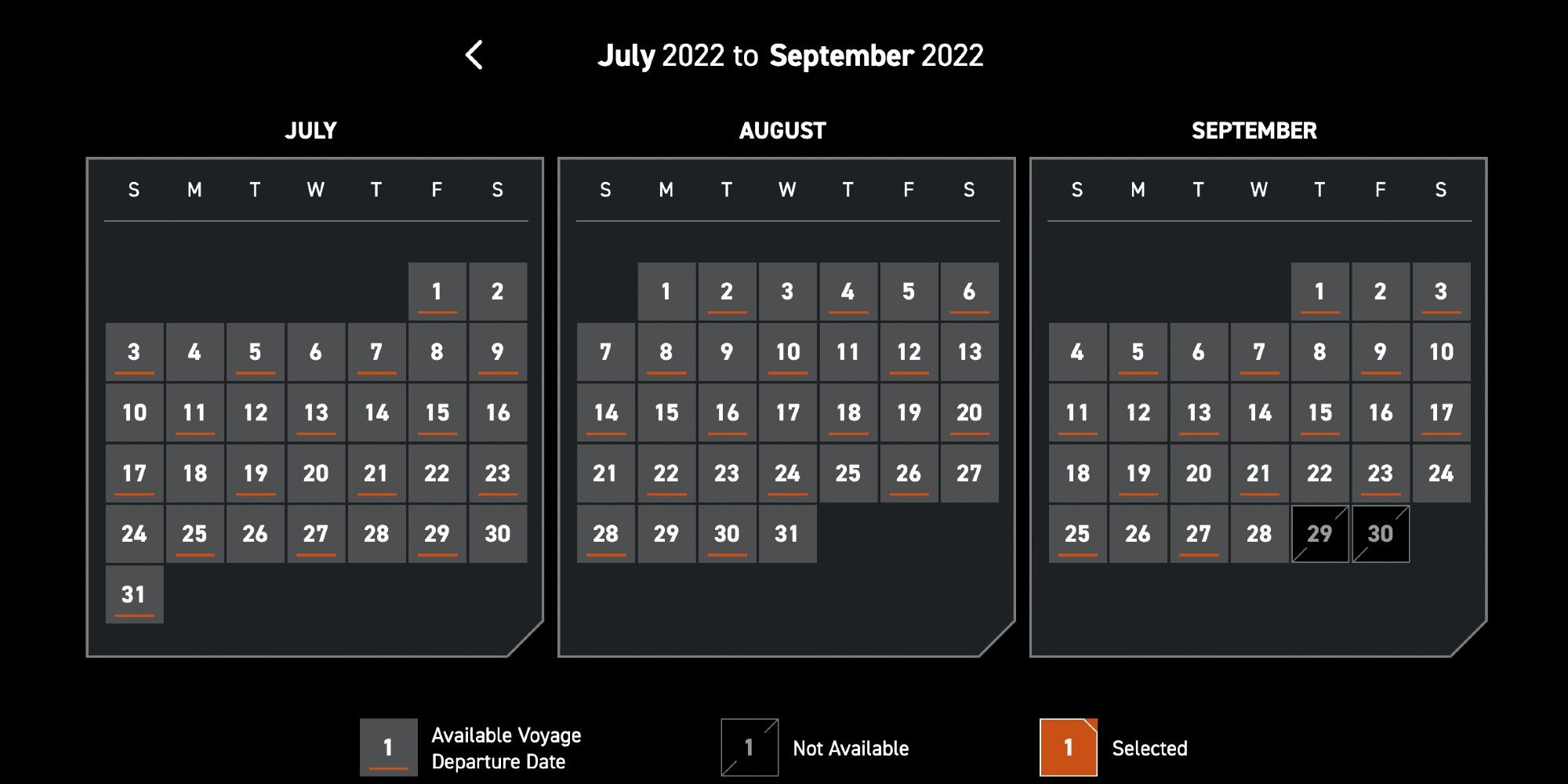 Star Wars Galactic Starcruiser_reservation calendar (July-August 2022)