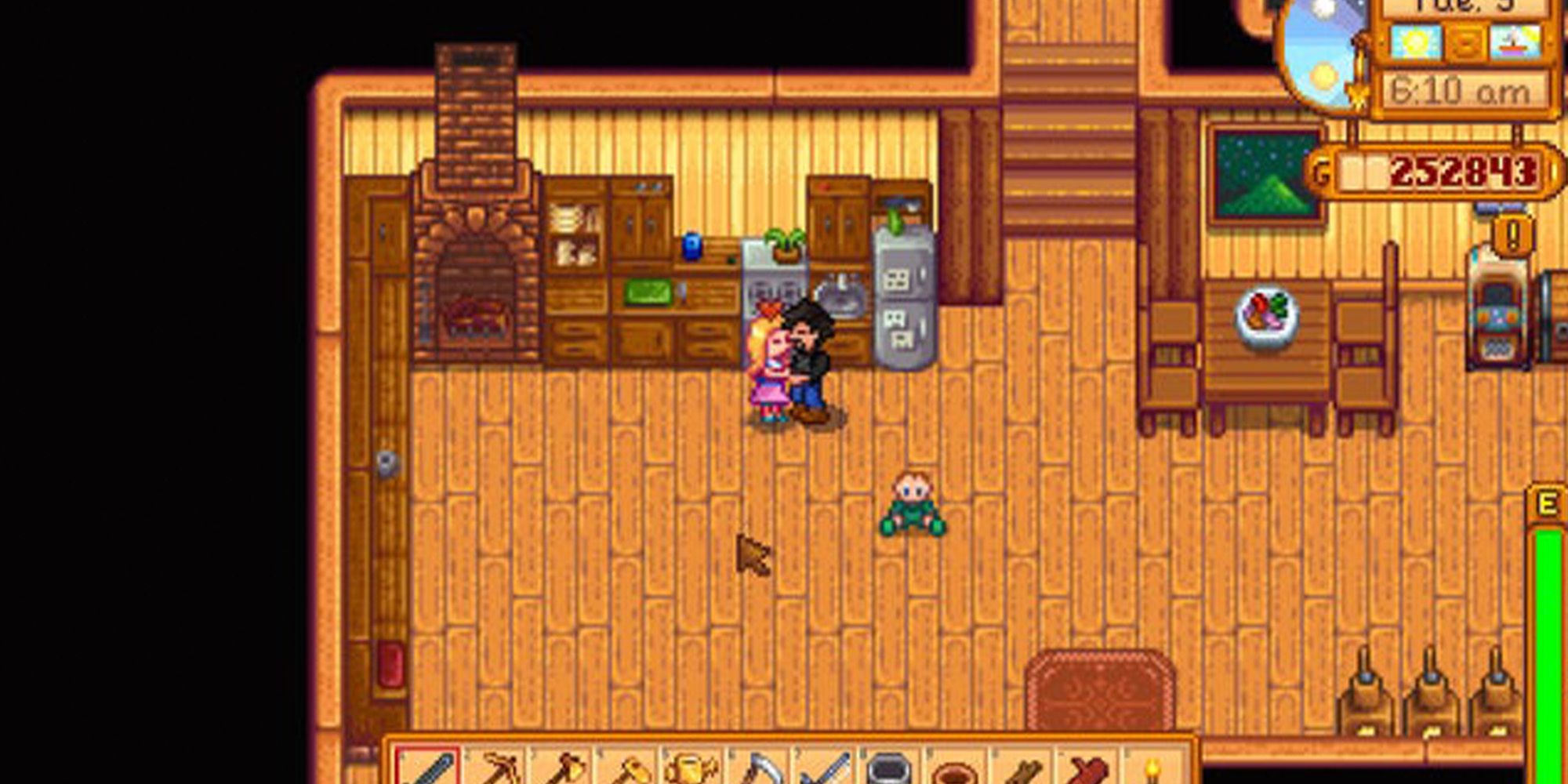 a player kissing their wife in Stardew Valley