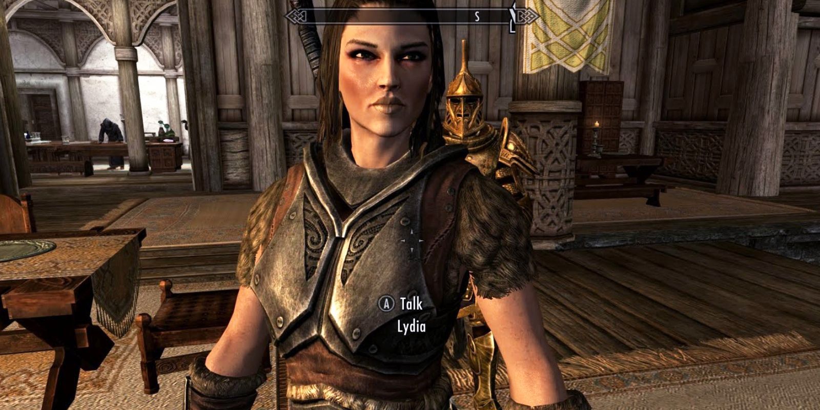 Lydia, the Whiterun housecarl waiting for the main character to talk in Skyrim.