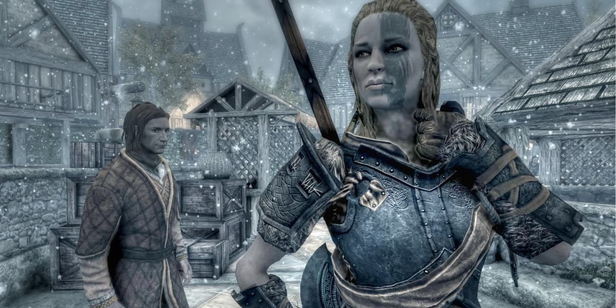 Mjoll the Lioness in Riften with another character behind her in Skyrim