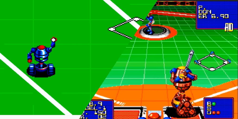 Super Baseball 2020 split image (showing a robot batting and fielding)