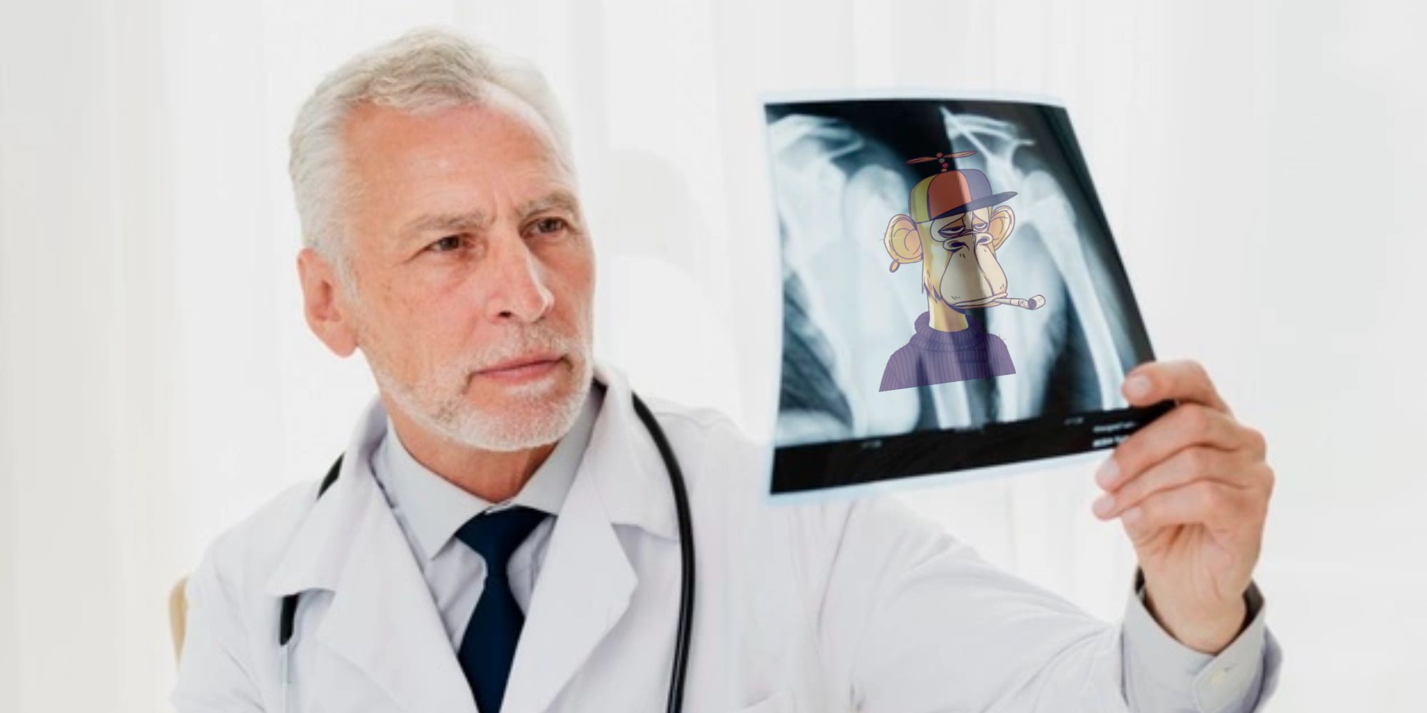 a doctor holding up an x-ray with a bored ape nft on it