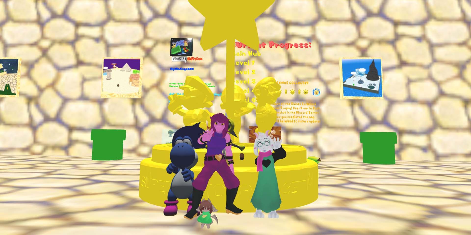 A Group of Friends Posing against a Super Mario-themed statue in VRChat