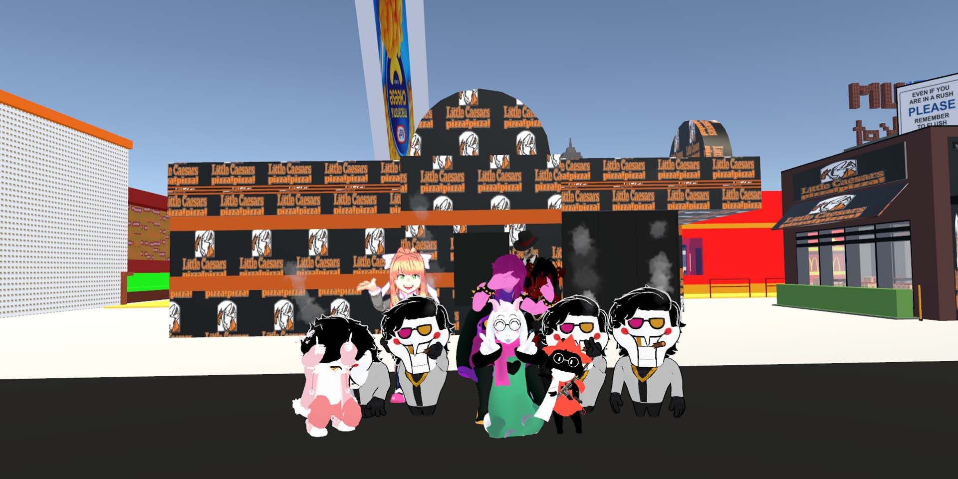 Avatars Posing in front of a building in VRChat