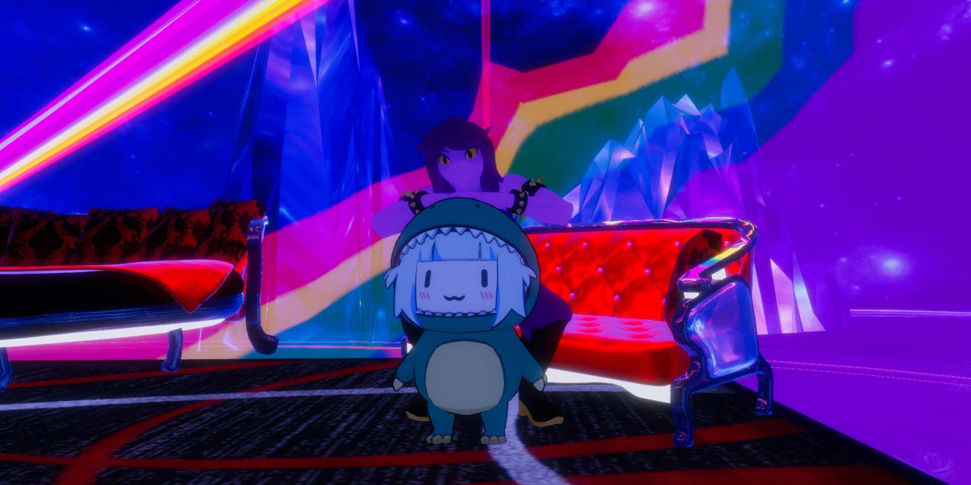 Two VRChat Avatars Posing in a colorful room