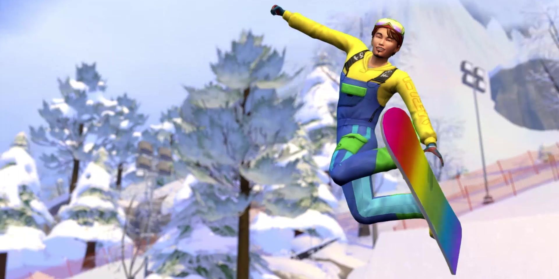 A snowboarding Sim performs tricks on a brightly colored board