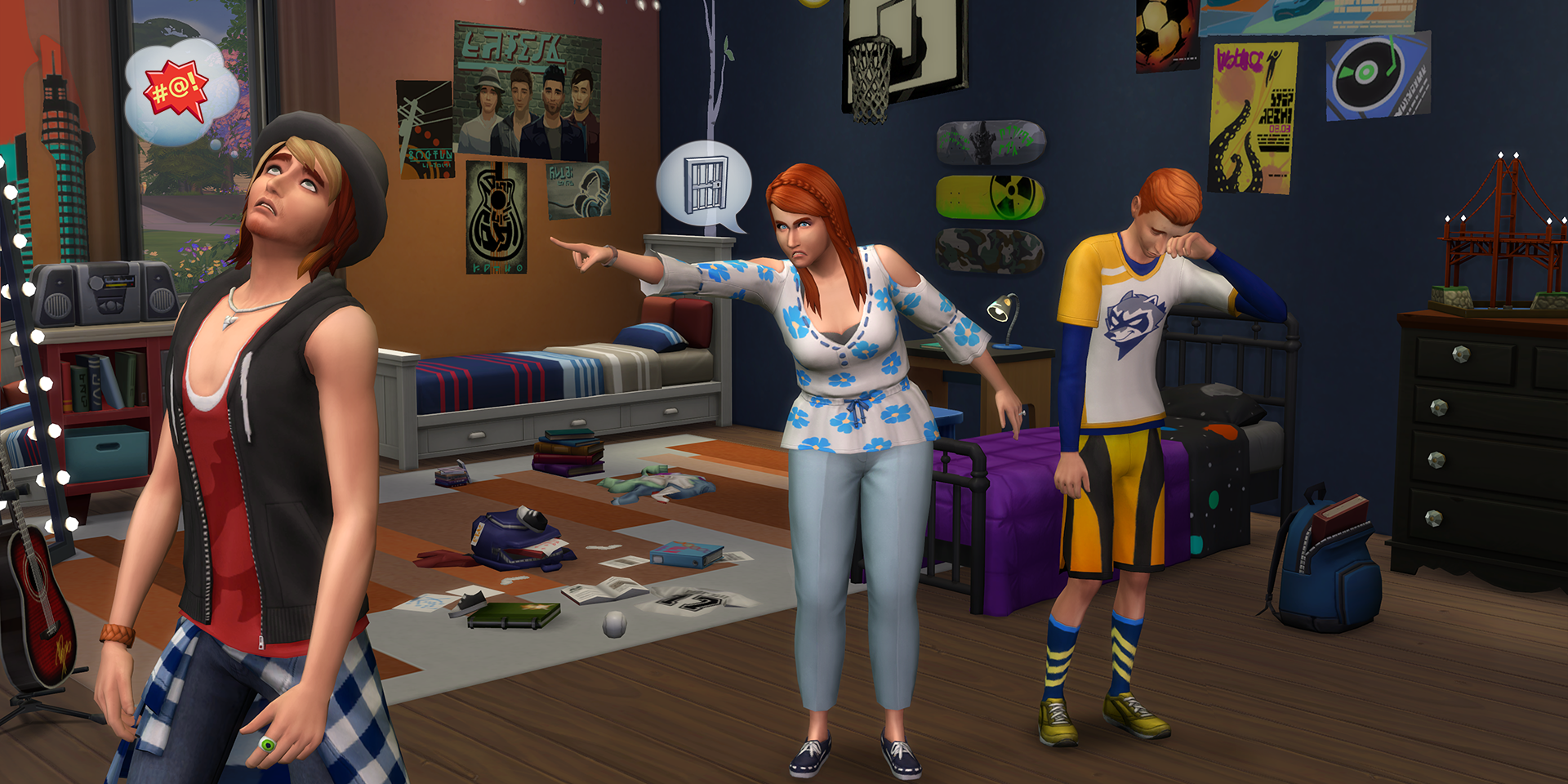 A parent breaks up an argument between two teen sims. One of them is crying; the other (left) is getting grounded, and judging by his "Shout Forbidden Words" thought bubble, they aren't happy.