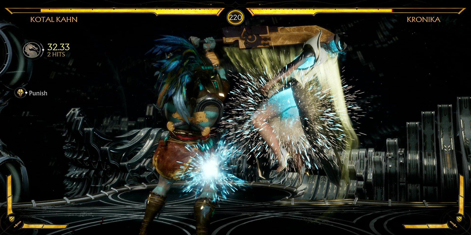 Kotal Kahn sends his sword into Kronika, turning her to dust, in front of her Hourglass in Mortal Kombat 11.