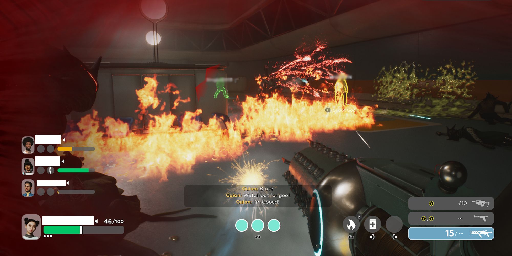 The Anacrusis a POV shot of an Arc Rifle looking out at a burning corridor with a Brute on fire charging 