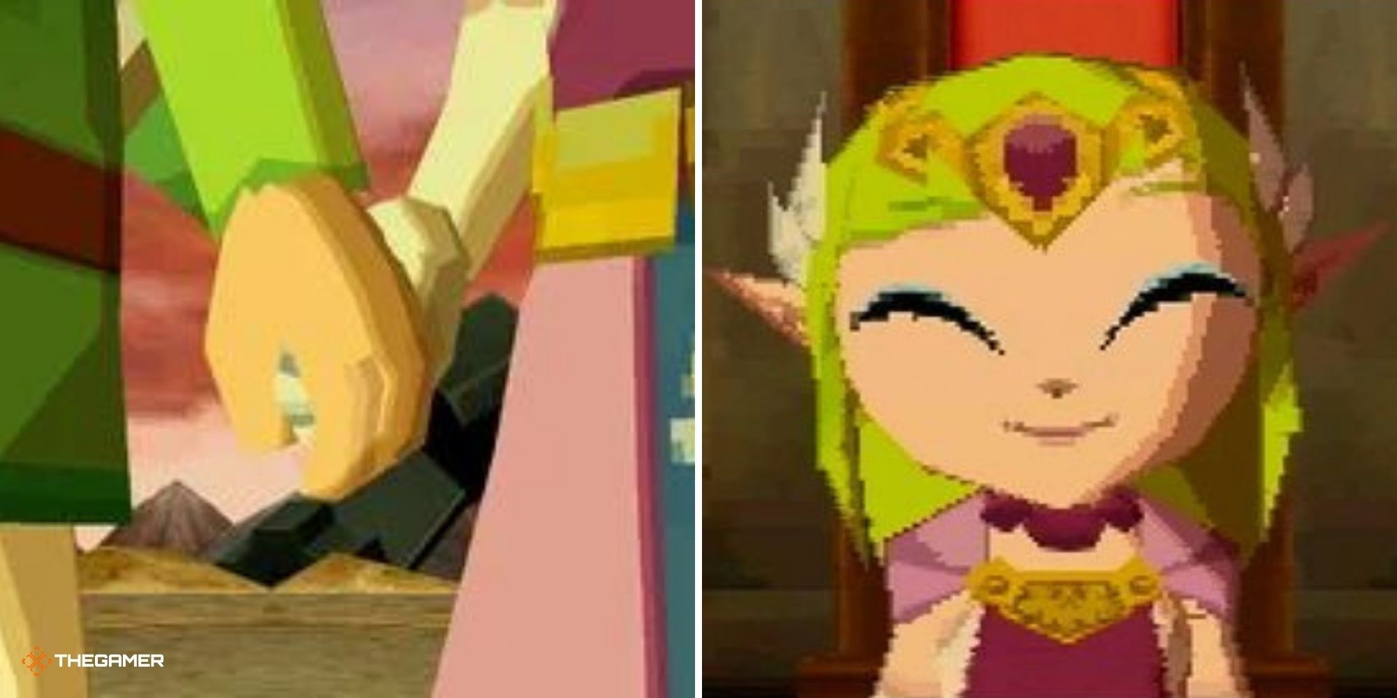 The Legend of Zelda Spirit Tracks - Zelda on right, Link and Zelda holding hands on left
