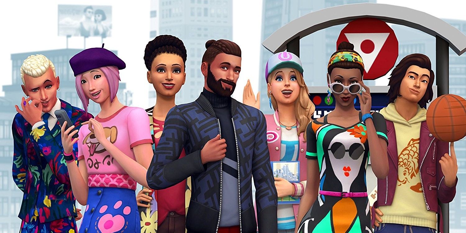 An EA render of some popular townies from The Sims 4: City Living. From left to right: Diego Lobo, Miko Ojo, Jesminder Bheeda, Salim Benali, an unnamed tourist Sim from the gameplay trailer, Penny Pizzaz, and an unnamed athlete from the gameplay trailer