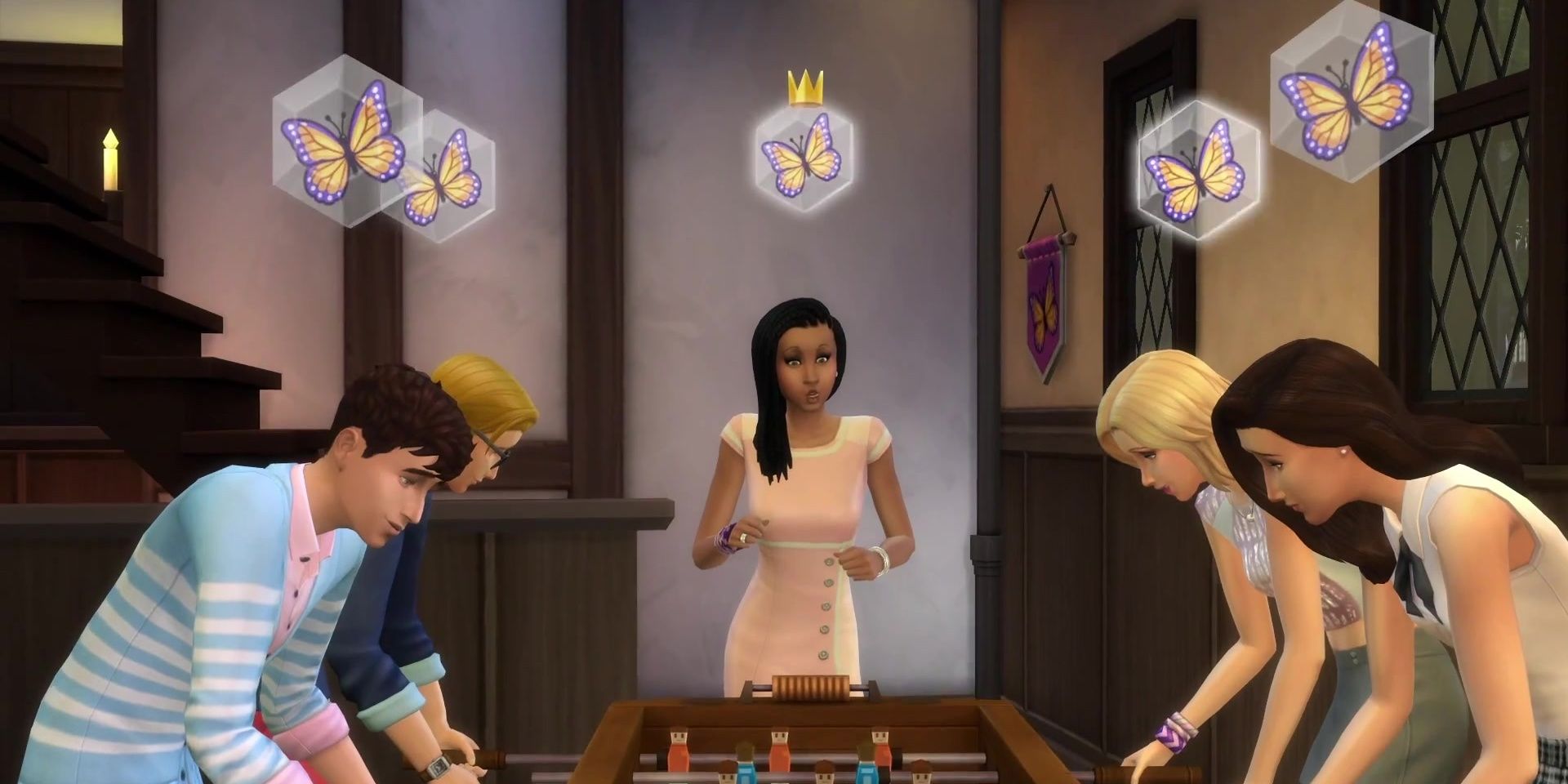 The Paragons, a famous Windenburg club, play a game of foosball in The Sims 4