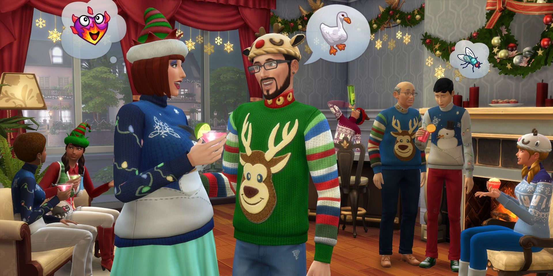 A household full of Sims celebrate what looks like Winterfest in The Sims 4