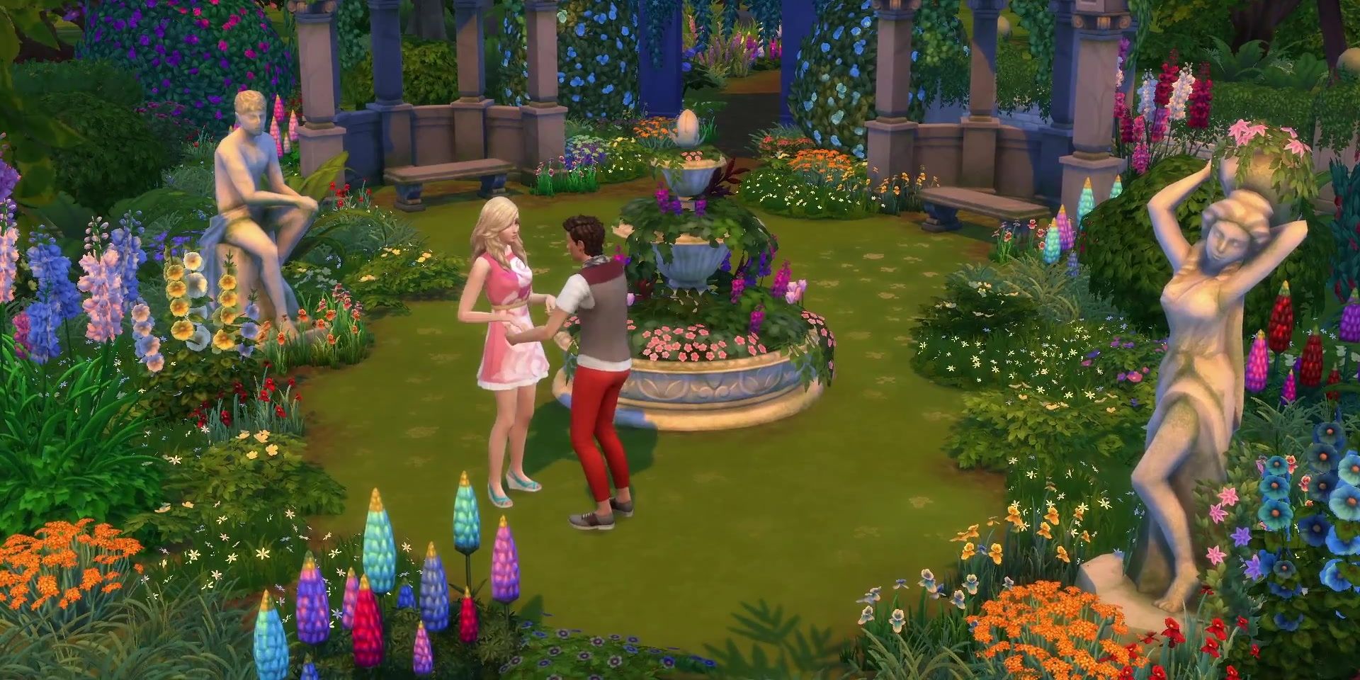 Two Sims get romantic in a well-decorated garden, complete with statues, an abundance of flowers, and a beautiful fountain.