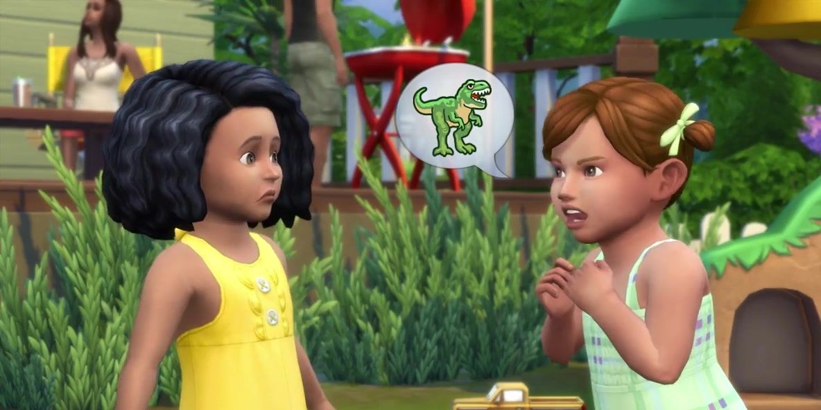 Two toddlers talk about dinosaurs in the park. It looks like one is trying to scare the other--and that it's working.
