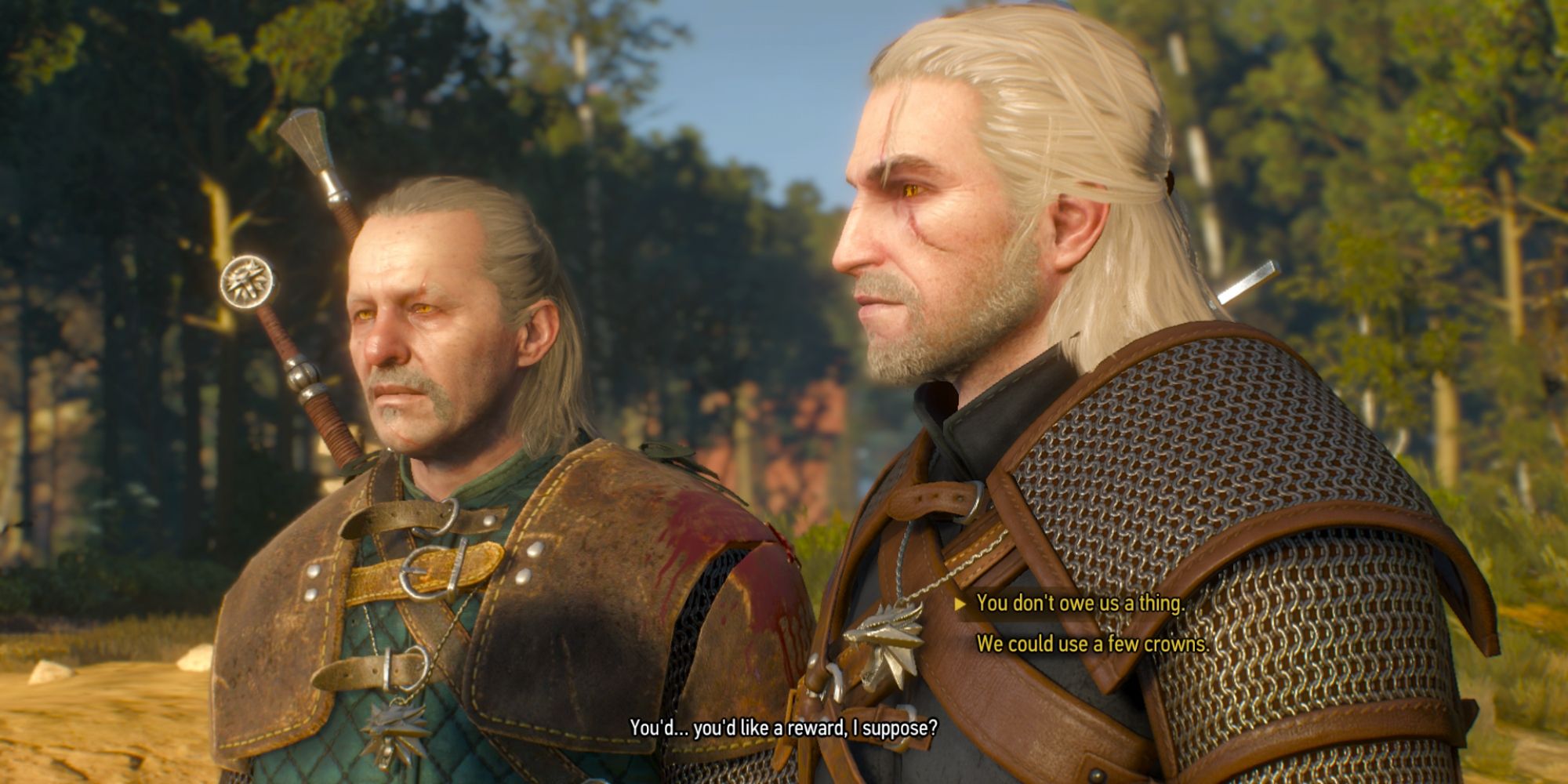 The Witcher 3 screenshot of Geralt and Vesemir's dialogue option
