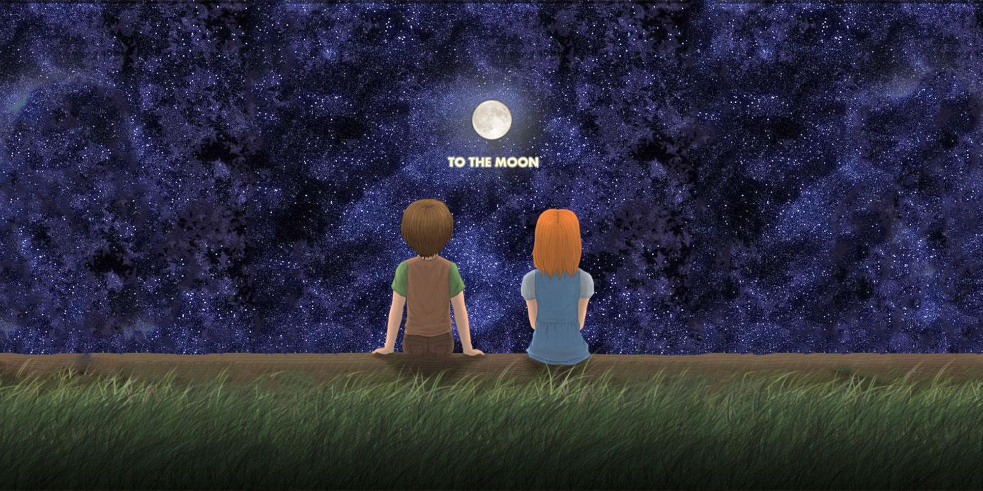 To The Moon cover art Featuring Johnny and River sitting together under the stars