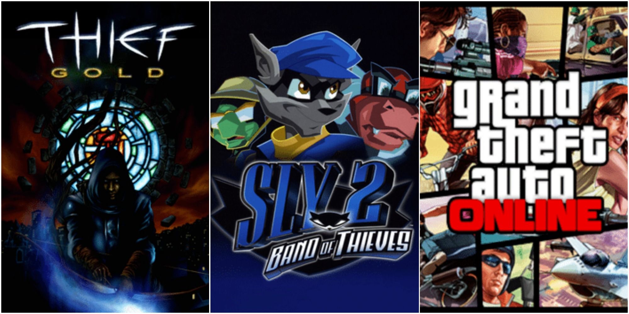 Split image promotional art with logos for Thief Gold, Sly 2: Band of Thieves, and Grand Theft Auto Online.