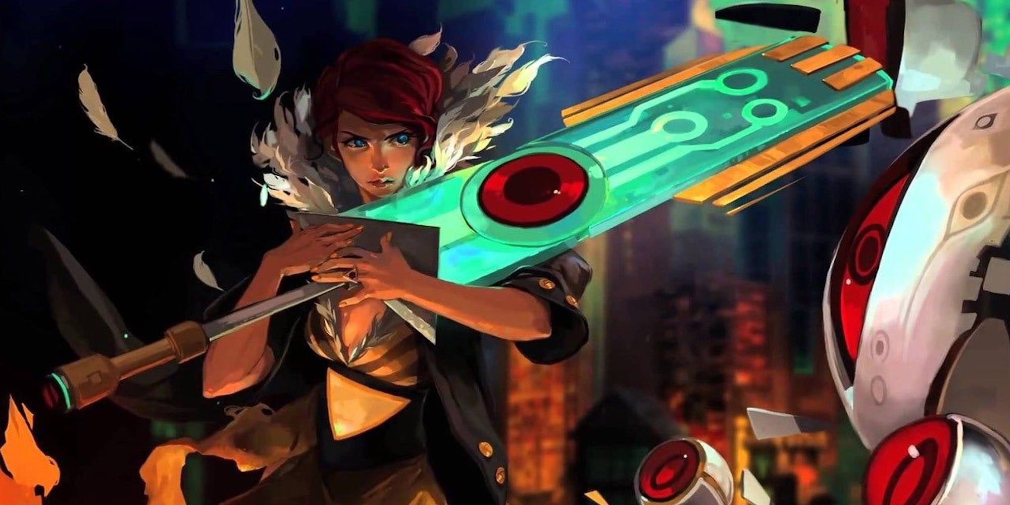 Red holding the sword as eyes stare at her Transistor