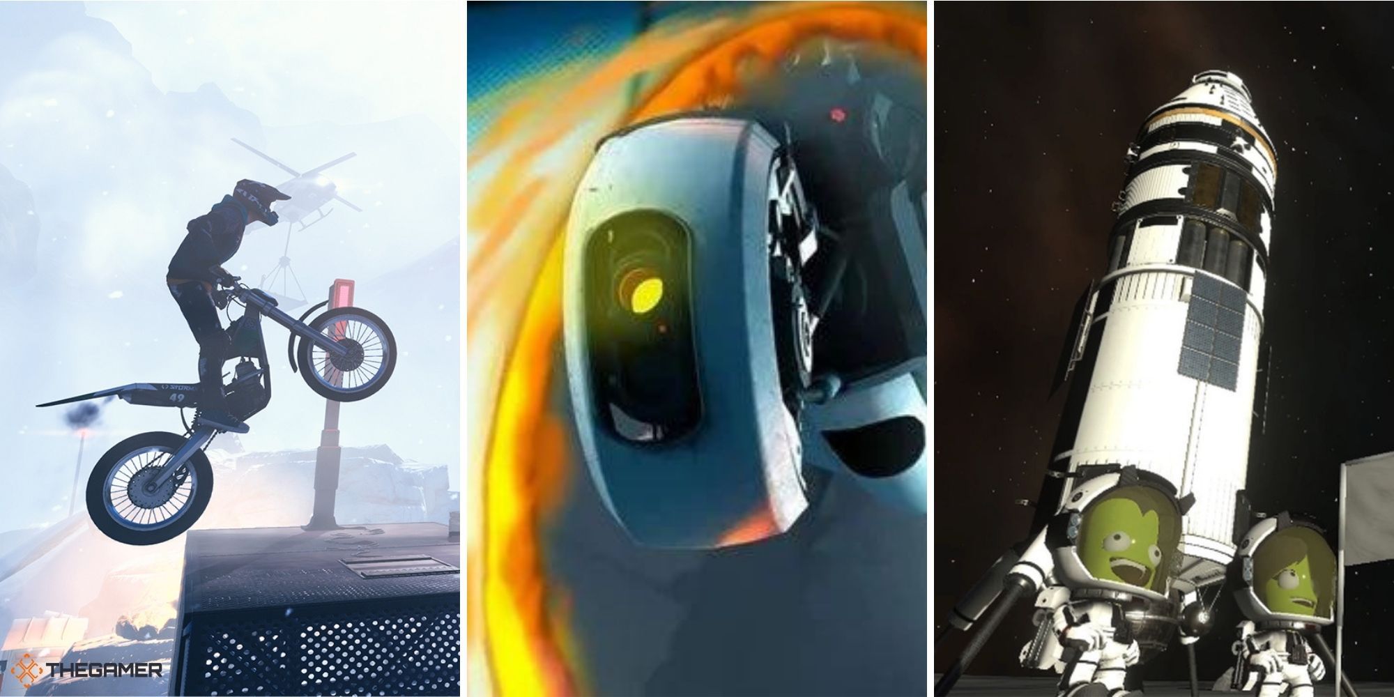 Trials Rising on left, Portal 2 in centre, Kerbal Space Program on right