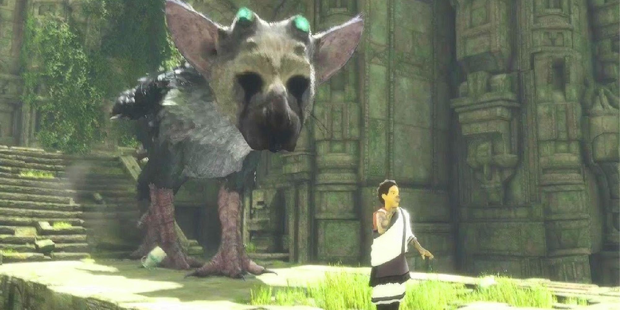 The Last Guardian Screenshot featuring the animal Trico escorting the protagonist