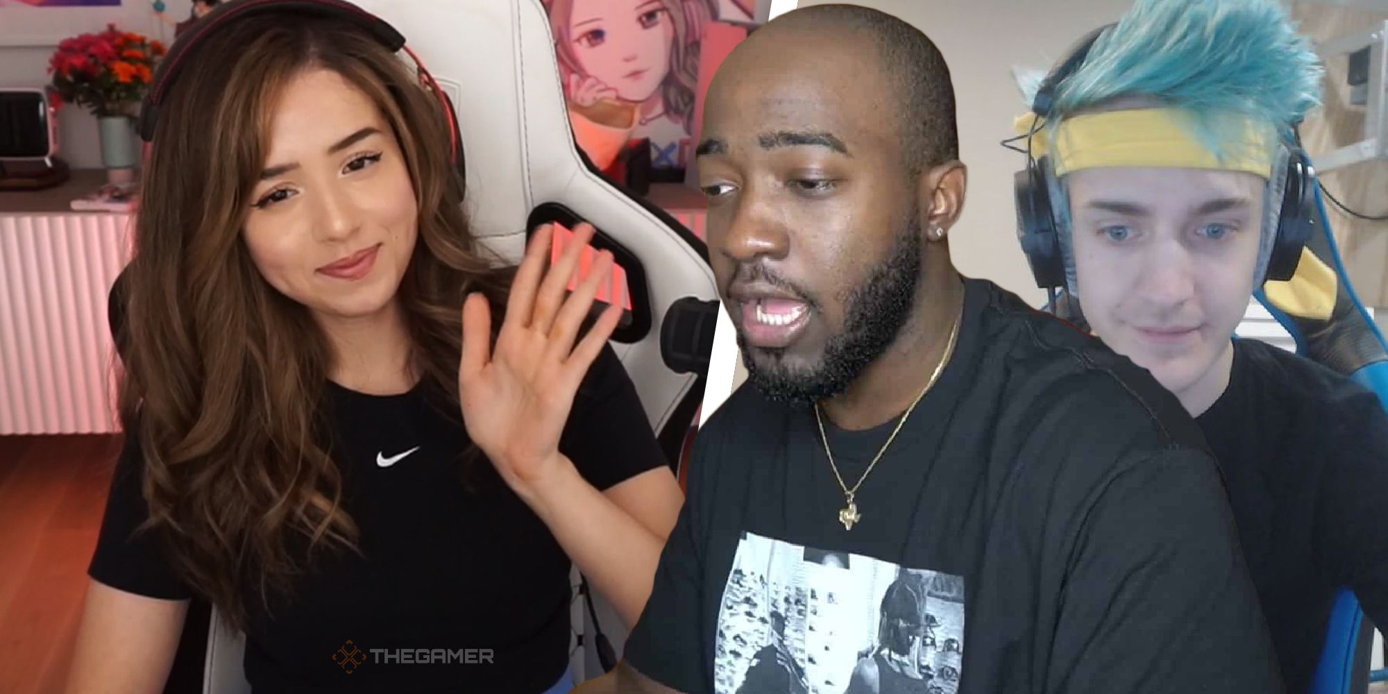 An image showing headshots of pokimane waving, jidion reacting to something, and ninja looking forward