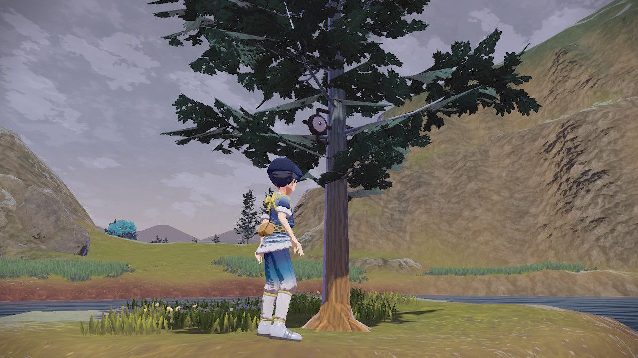 Pokemon Trainer standing close to Unown E perched on a tree, in Pokemon Legends Arceus.