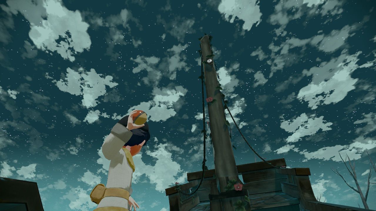 Pokemon Trainer aiming his pokeball at Unown Z sitting on top of a mast in Pokemon Legends Arceus.