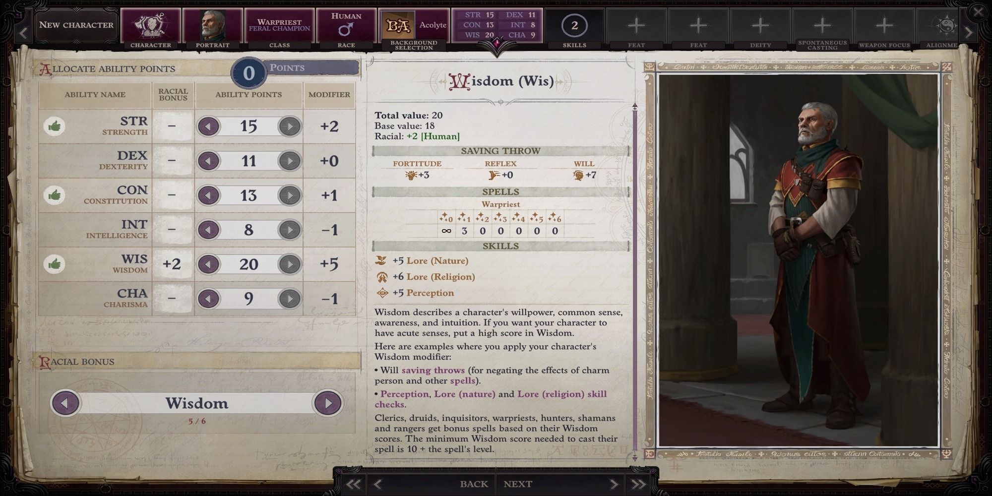 Warpriest ability scores Pathfinder Wotr screenshot character creation