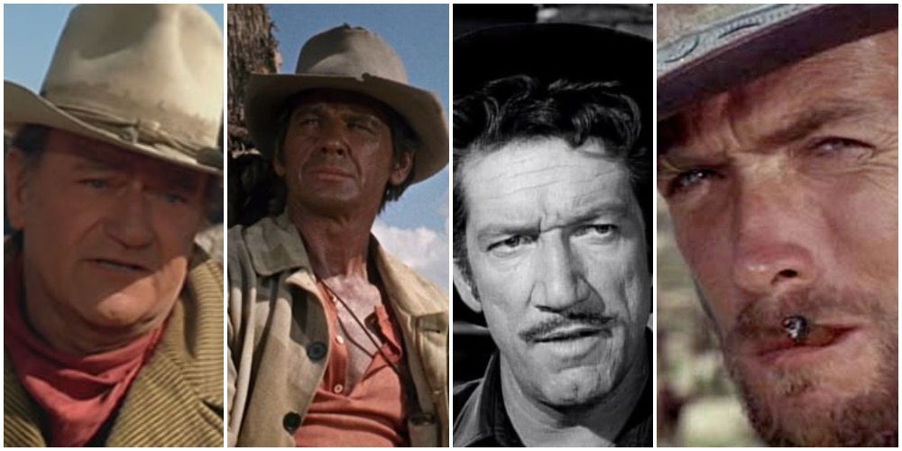 four pictures of men in cowboy attire looking sternly in different directions