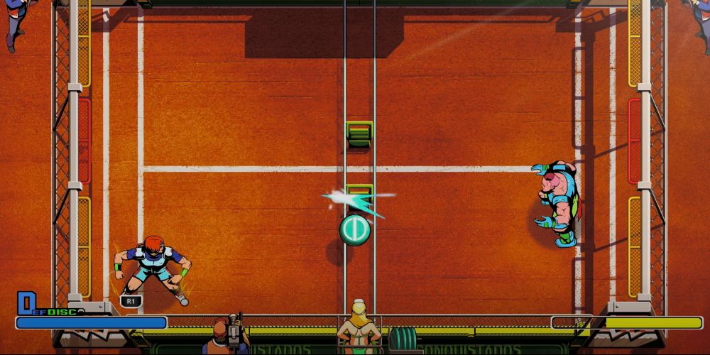 Windjammers 2: An example of the disc bouncing off the side of a mid-screen object