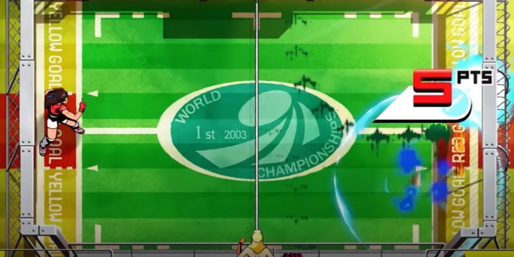 Windjammers 2: An example of a character being knocked into their own goal by a super throw