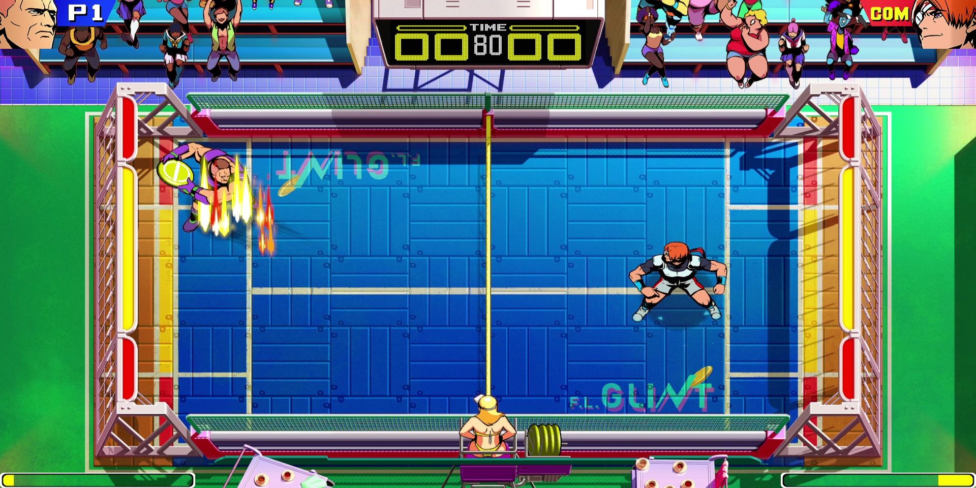Windjammers 2: Costa charges a shot while Miller waits for the return. 