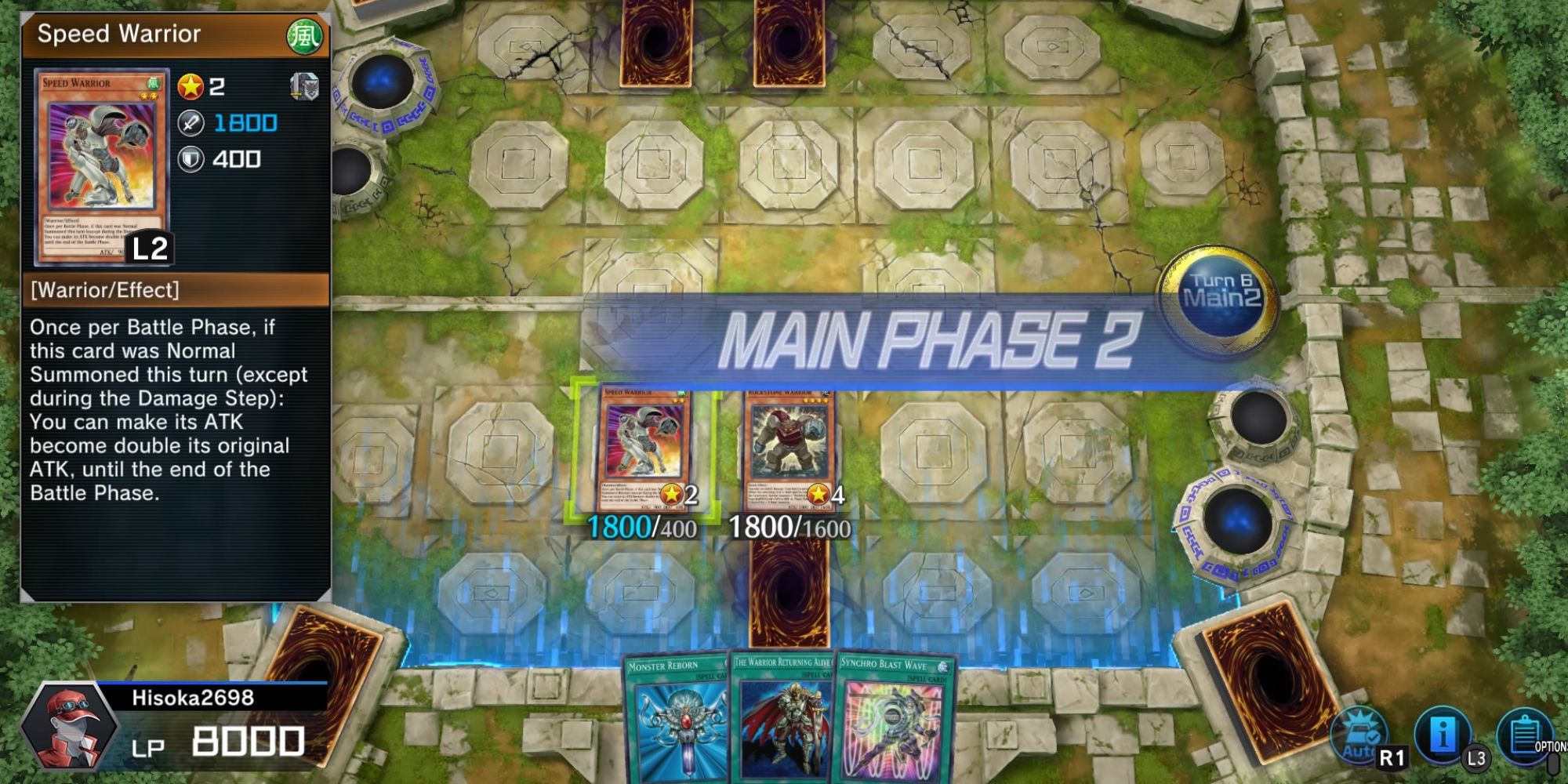 Yu-Gi-Oh! Master Duel a shot of the player board with the player's hand in the forefront, a description of a highlighted card on the left and the word "Main Phase 2" running across the screen