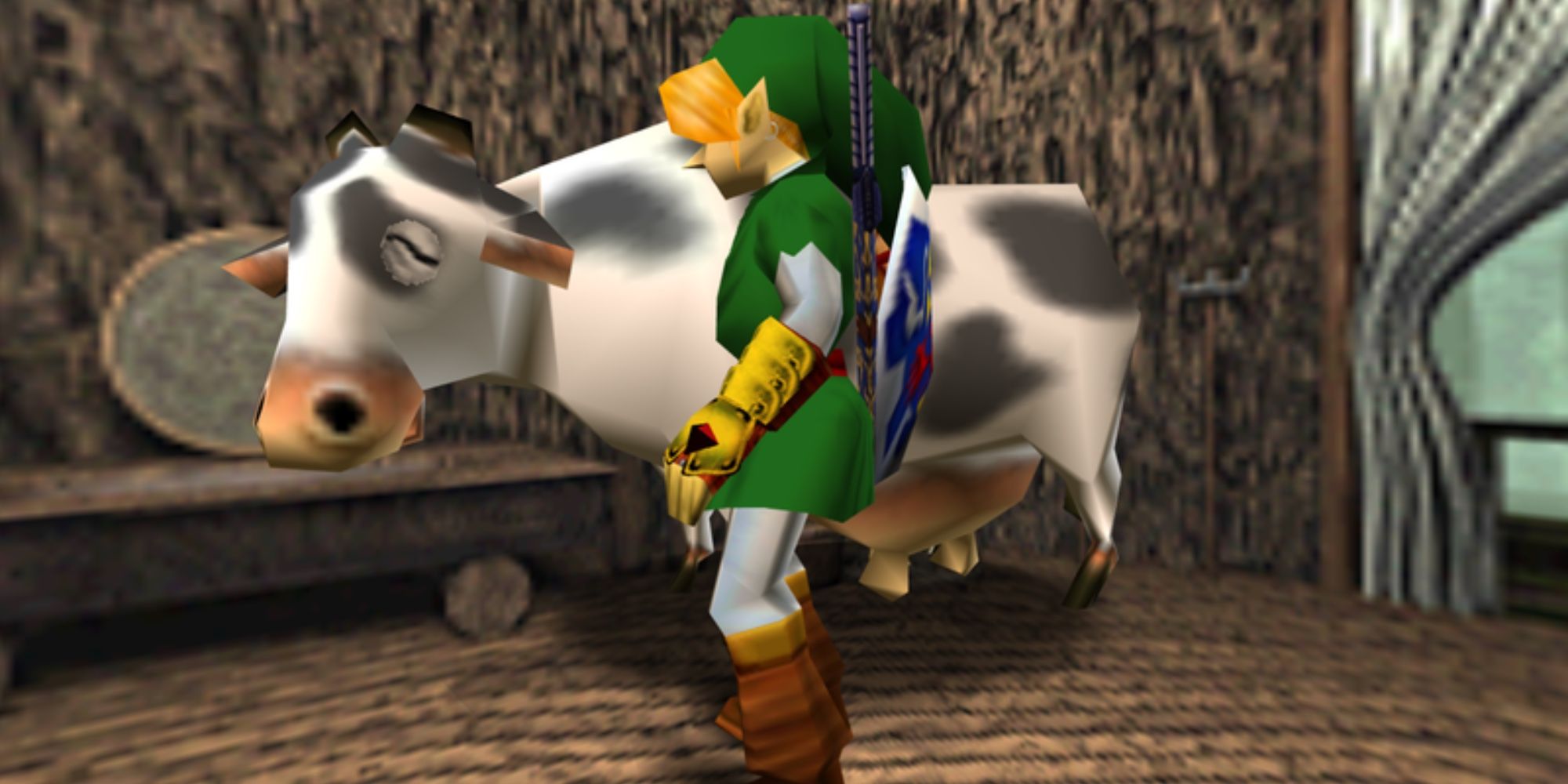 Link standing next to a cow.