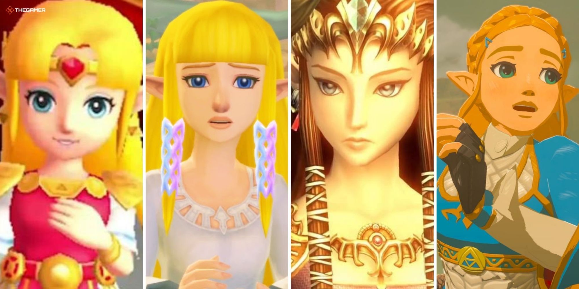 Zelda from (left to right) A Link to the Past, Skyward Sword, Twilight Princess, and Breath of the Wild