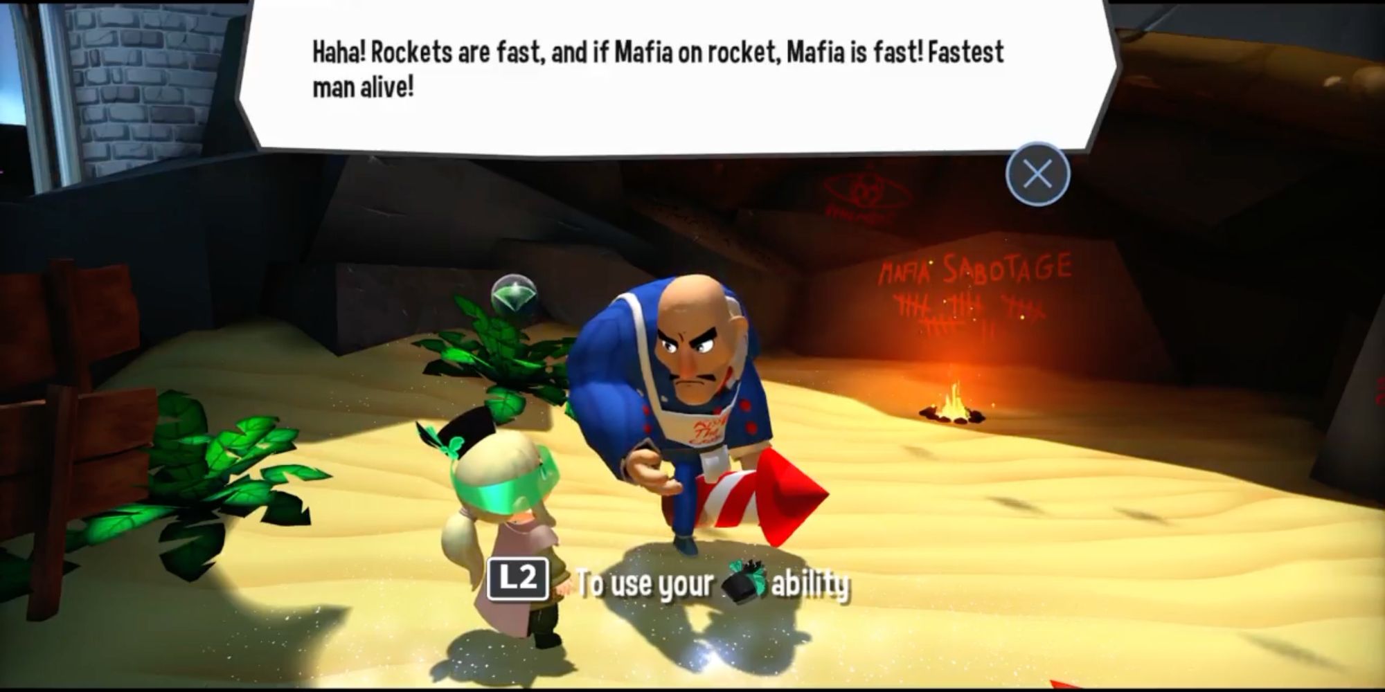 A mafioso on a rocket tells Hat Kid that he's the fastest man alive in A Hat In Time