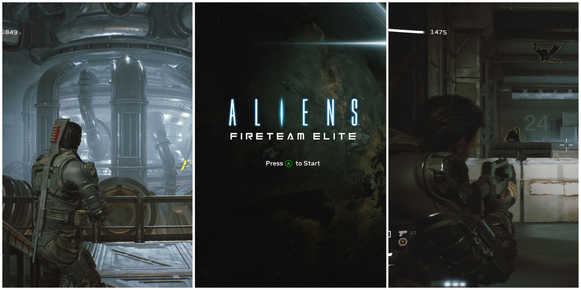 aliens fireteam elite exploring spaceship, main title screen, fighting aliens featured
