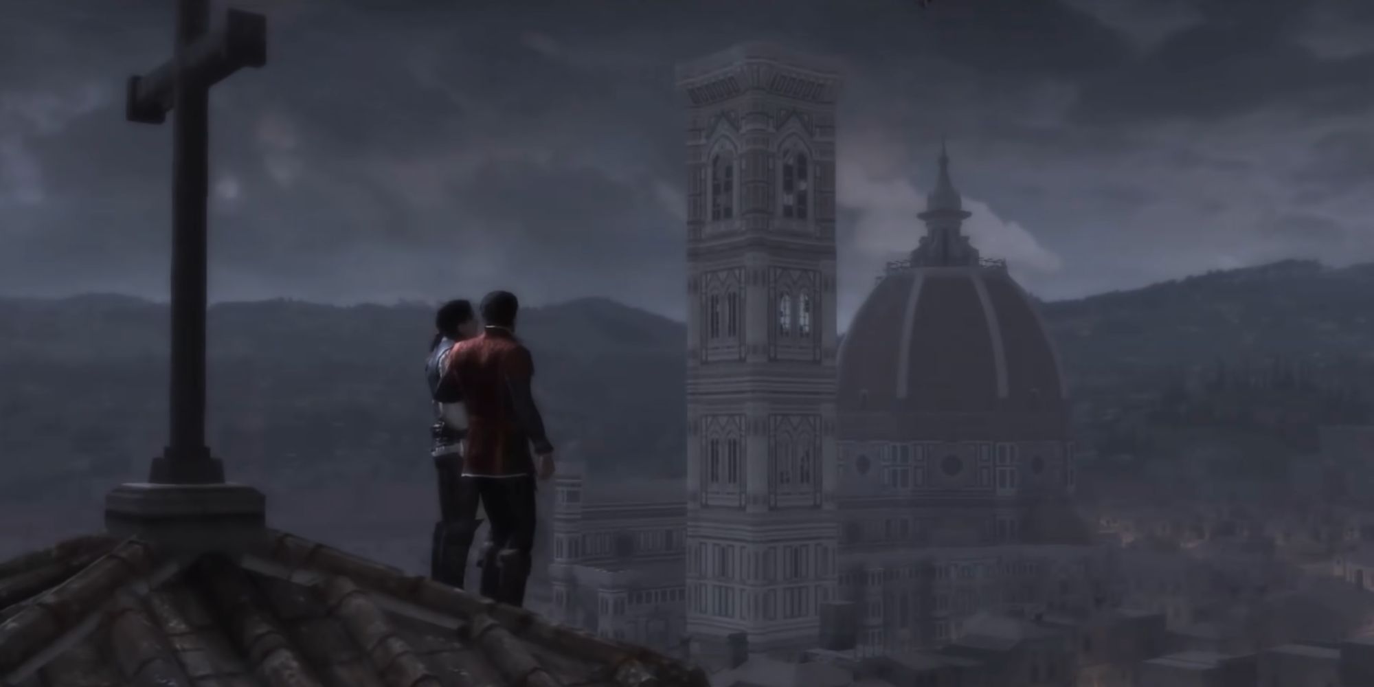 Ezio and his brother Federico gaze at an Italian cityscape from a church roof in Assassin's Creed 2