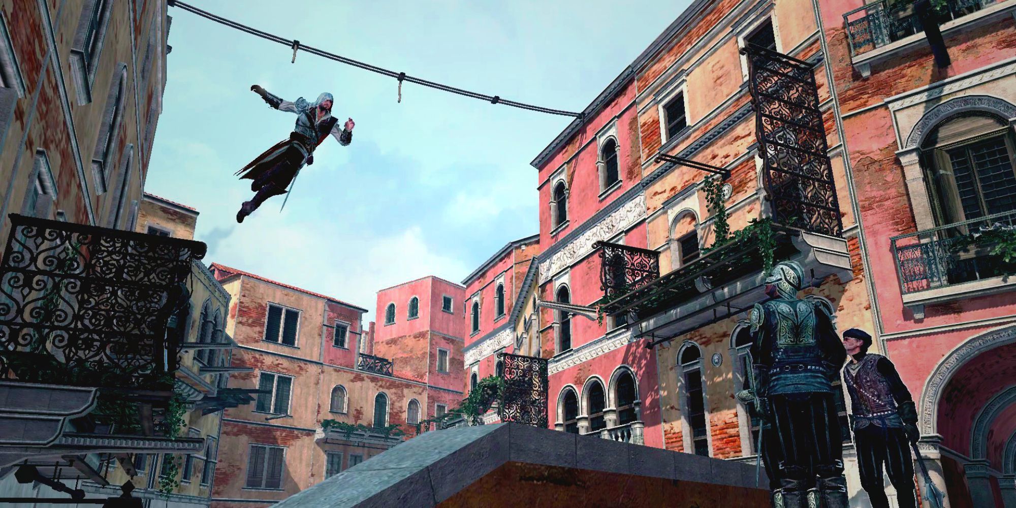 ezio from assassin's creed leaping from above onto two guards