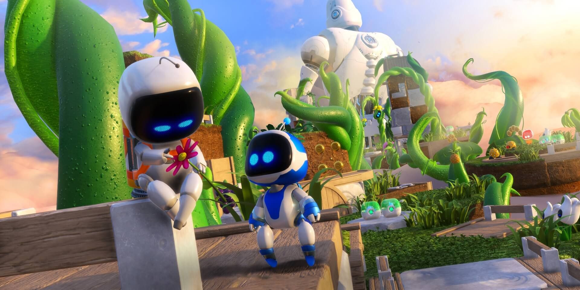 astro bot vr screen shot blue bot gives white bot a flower