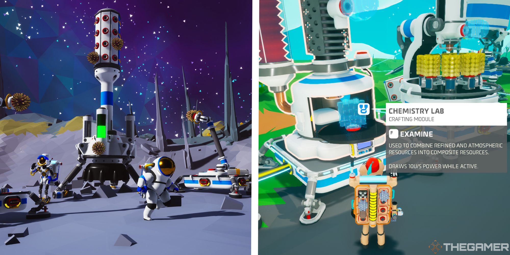 promotional image of astroneer next to image of player standing at chemistry lab