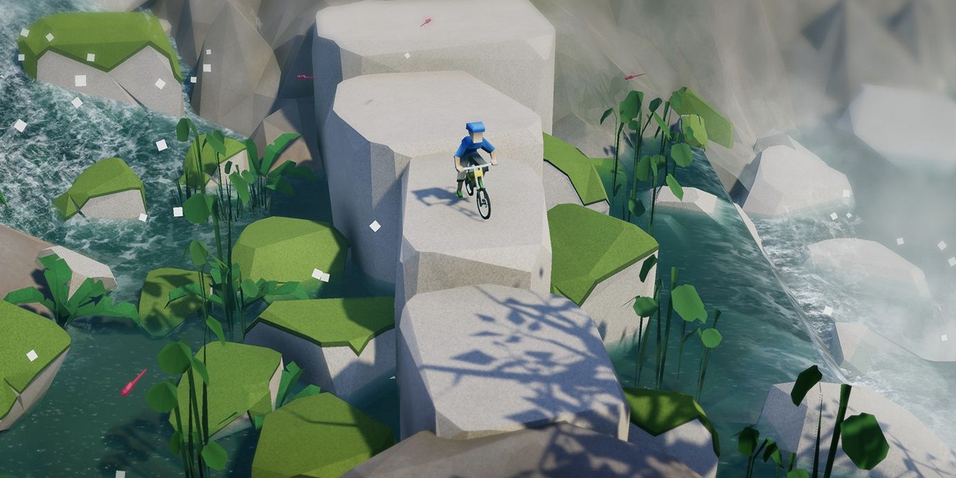 biking across rocks in lonely mountains downhill
