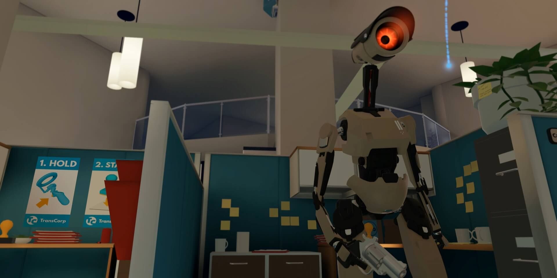budget cuts vr robot with gun searching for employee