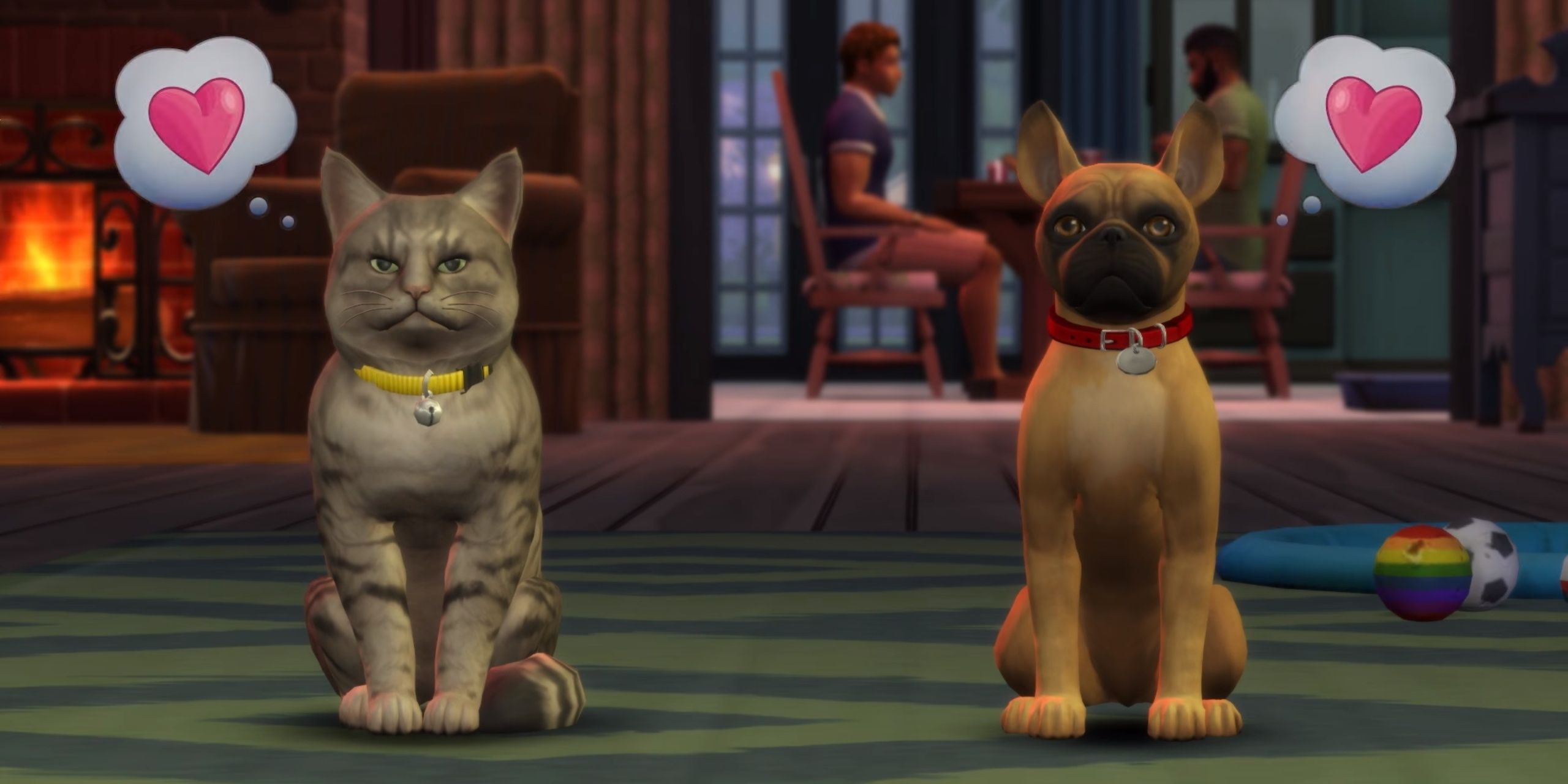 A cat and dog in The Sims 4 keep their distance, but their love-heart thought bubbles suggest that they're finally warming up to each other.